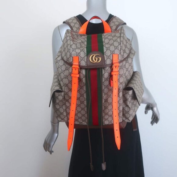 Gucci Ophidia GG Supreme Double Buckle Backpack Monogram Canvas & Orange Neon - Picture 1 of 16